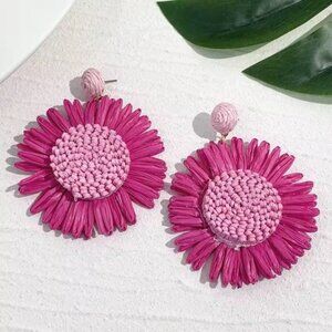 Pink Raffia SunFlower Earrings